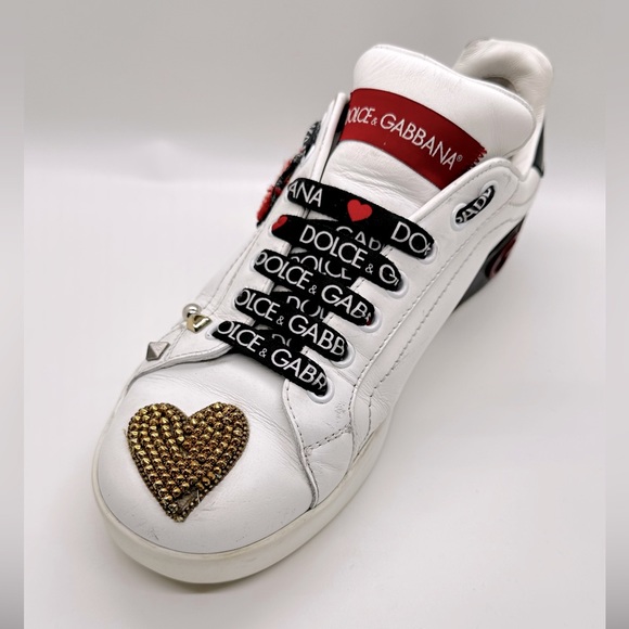Dolce & Gabbana White Leather Portofino Gold RedHeart Low Top Sneakers Size 38 - Picture 7 of 13